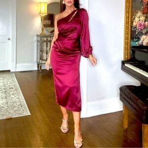 Maniju Marlene Wine Sarin One Shoulder Long Sleeve Midi Large Cut Out Slit Party